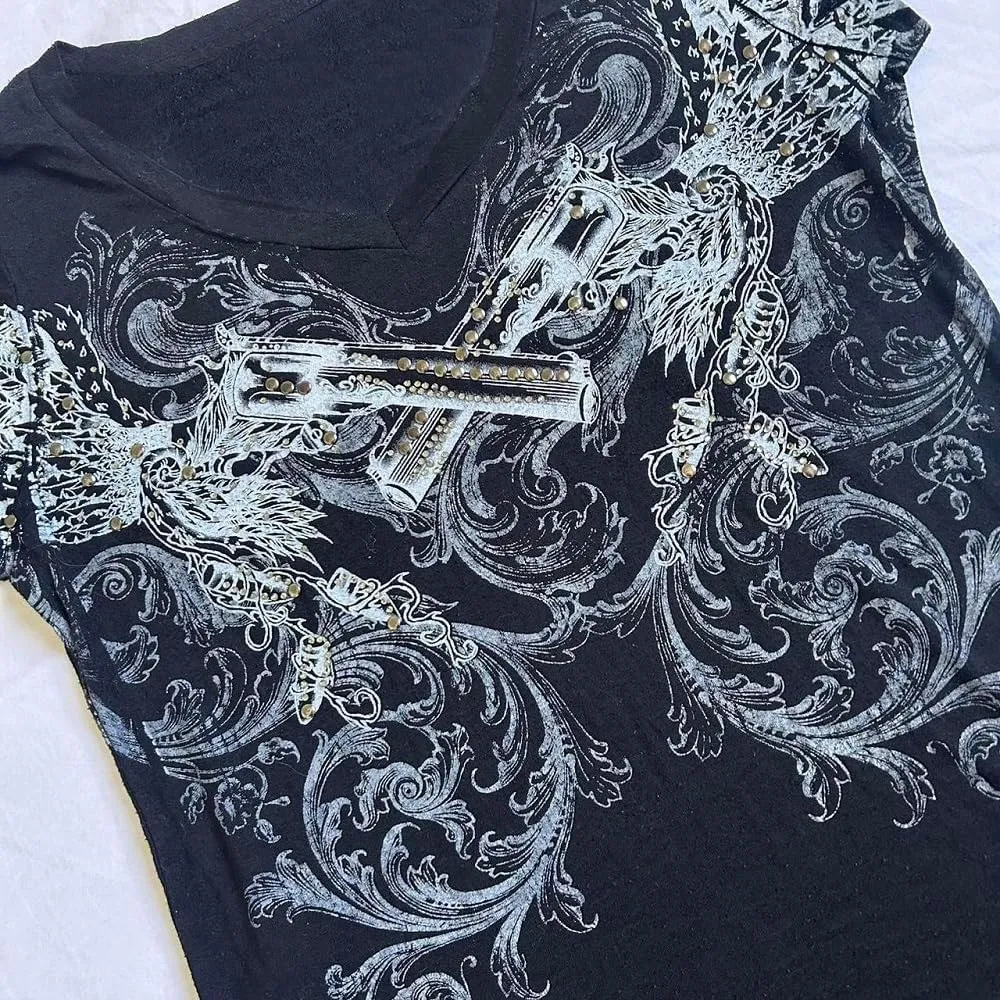 Women Grunge Graphic Short Sleeve Tees Y2k Gothic Crew Neck T Shirts Vintage Aesthetic Emo Top 90s E-Girls Clothes