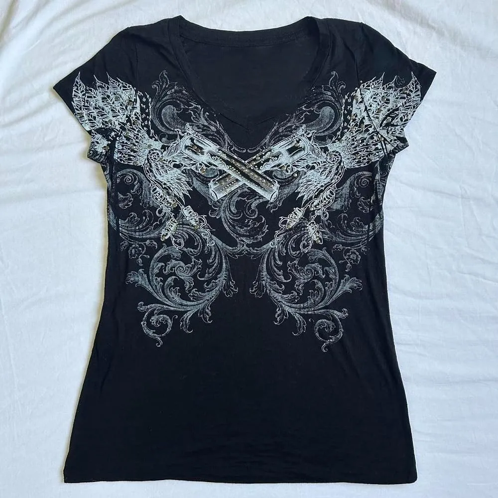 Women Grunge Graphic Short Sleeve Tees Y2k Gothic Crew Neck T Shirts Vintage Aesthetic Emo Top 90s E-Girls Clothes