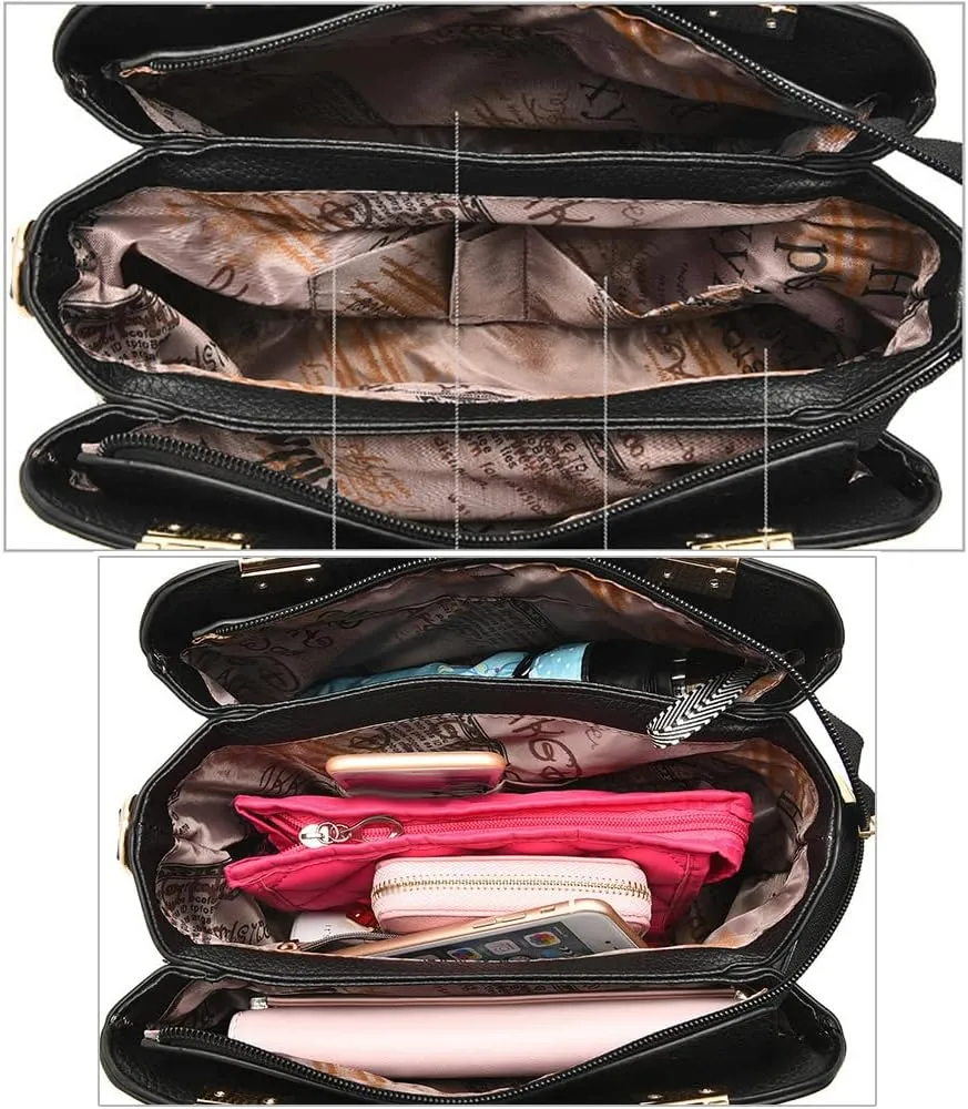 Women Handbag Lychee Pattern Top Handbag Tote Bag Briefcase with Detachable Leather Shoulder Strap