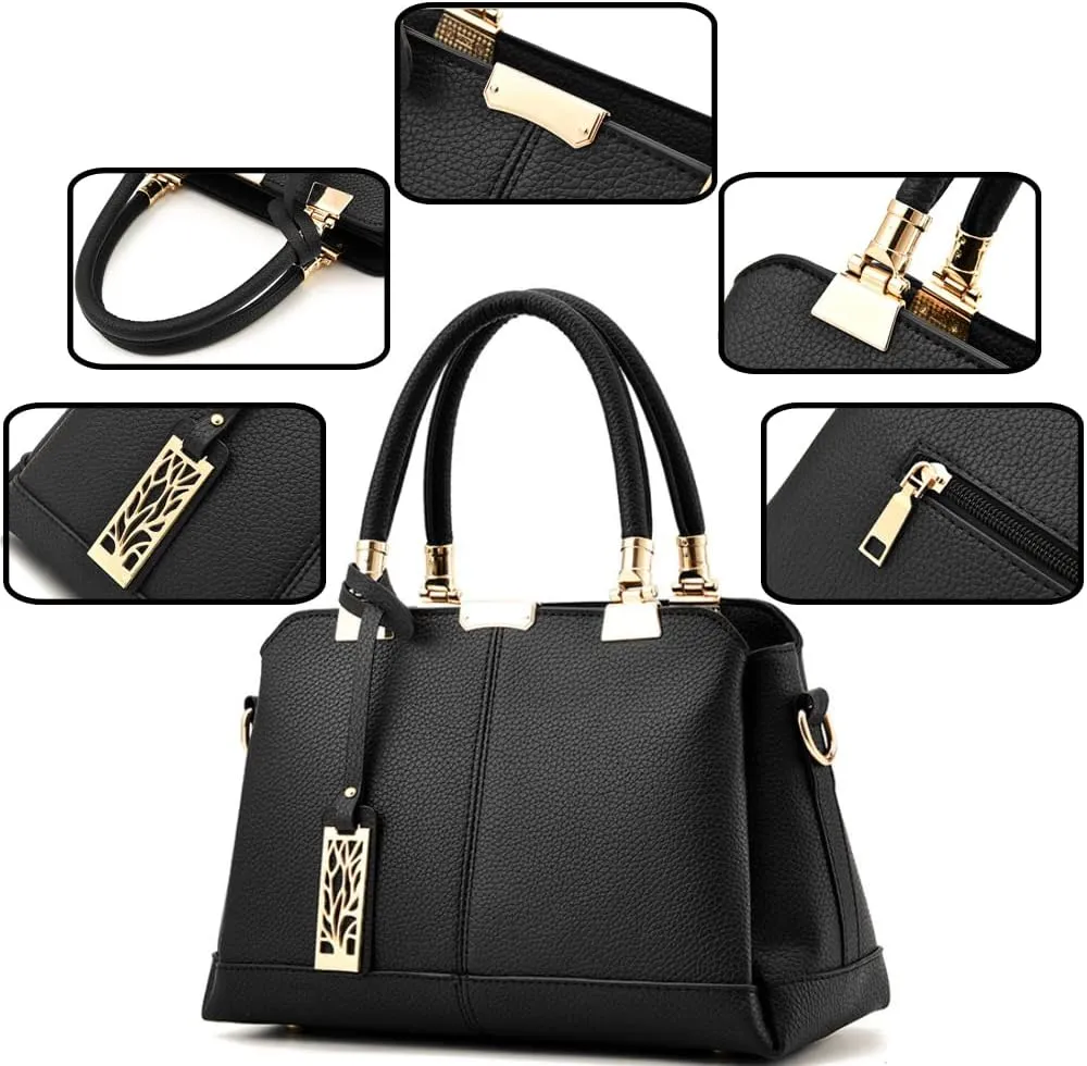 Women Handbag Lychee Pattern Top Handbag Tote Bag Briefcase with Detachable Leather Shoulder Strap