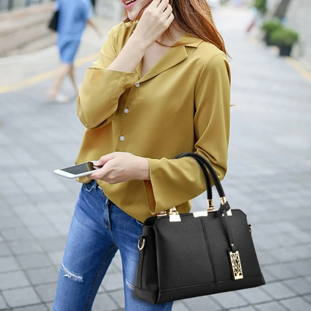 Women Handbag Lychee Pattern Top Handbag Tote Bag Briefcase with Detachable Leather Shoulder Strap