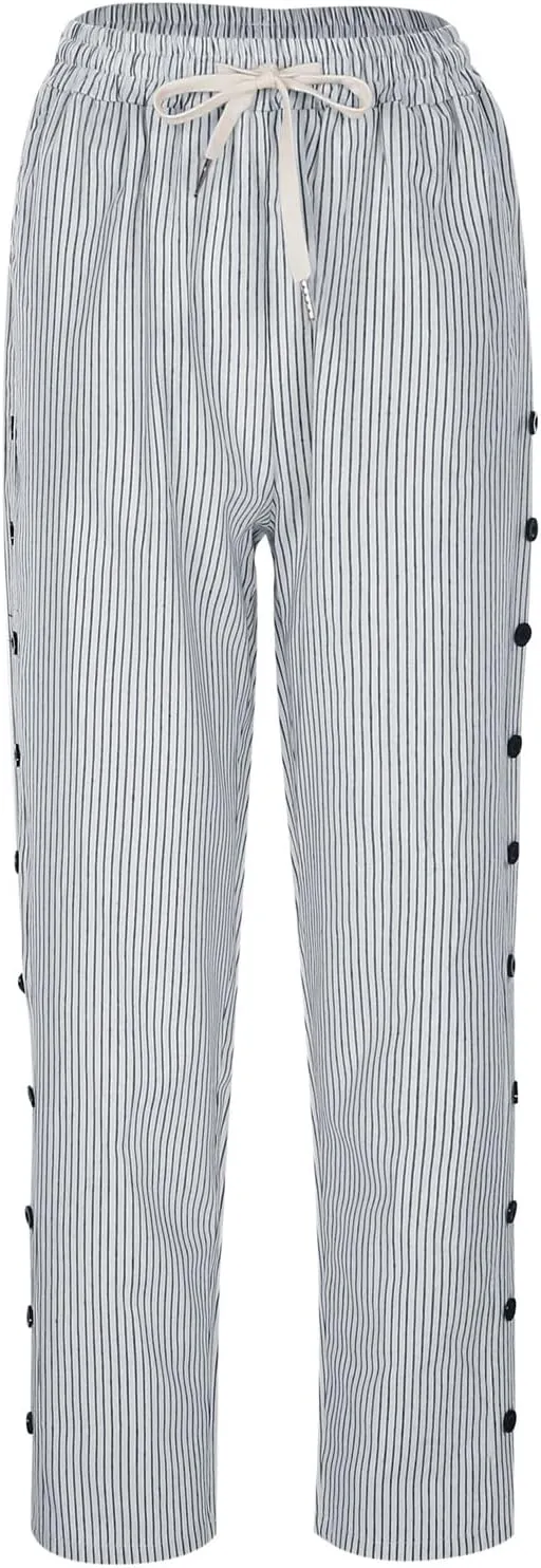 Women Harem Pants with Pockets Summer Linen Pants Casual Striped Pants Drawstring Waist Pants Loose Trouser Beach Pant