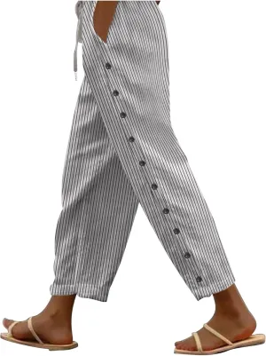 Women Harem Pants with Pockets Summer Linen Pants Casual Striped Pants Drawstring Waist Pants Loose Trouser Beach Pant