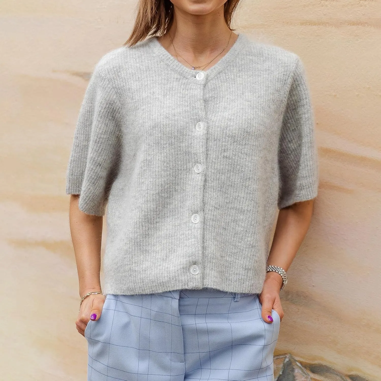 Women Knitted Button Down Short Sleeve Tops Solid Color Round Neck Cardigan Blouse Going Out Sweater Streetwear