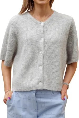 Women Knitted Button Down Short Sleeve Tops Solid Color Round Neck Cardigan Blouse Going Out Sweater Streetwear