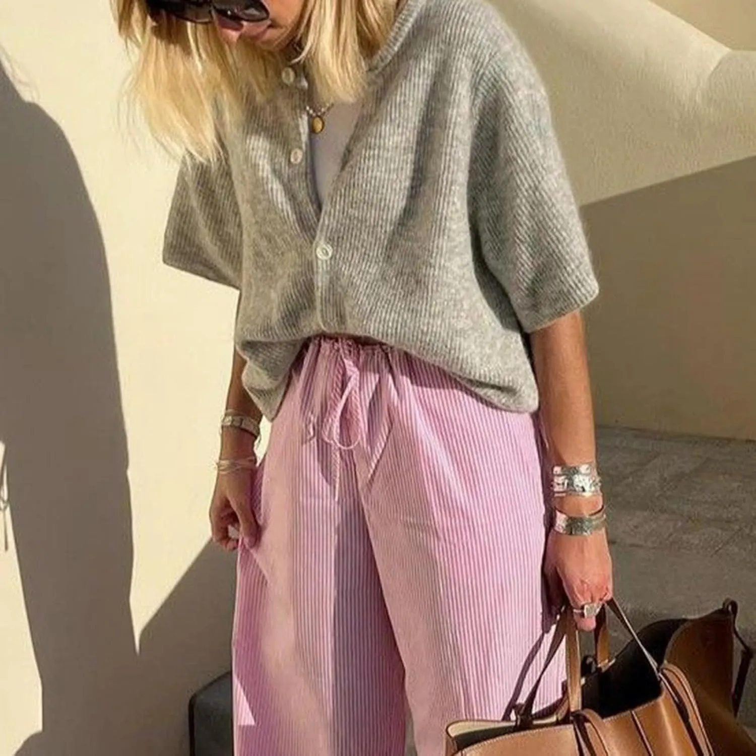 Women Knitted Button Down Short Sleeve Tops Solid Color Round Neck Cardigan Blouse Going Out Sweater Streetwear