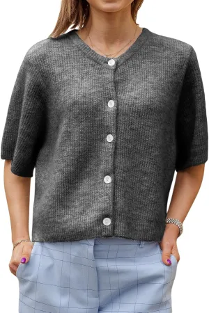Women Knitted Button Down Short Sleeve Tops Solid Color Round Neck Cardigan Blouse Going Out Sweater Streetwear