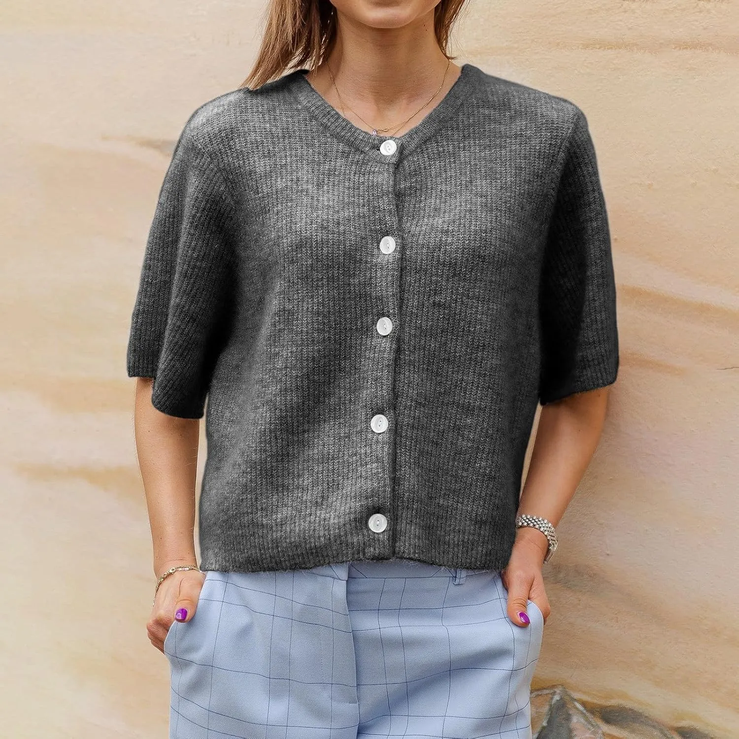 Women Knitted Button Down Short Sleeve Tops Solid Color Round Neck Cardigan Blouse Going Out Sweater Streetwear