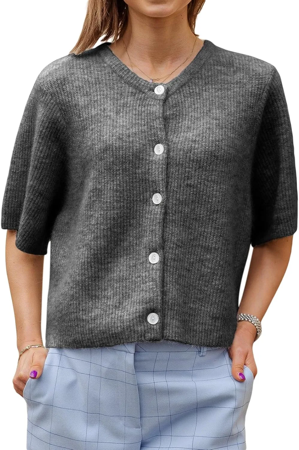 Women Knitted Button Down Short Sleeve Tops Solid Color Round Neck Cardigan Blouse Going Out Sweater Streetwear