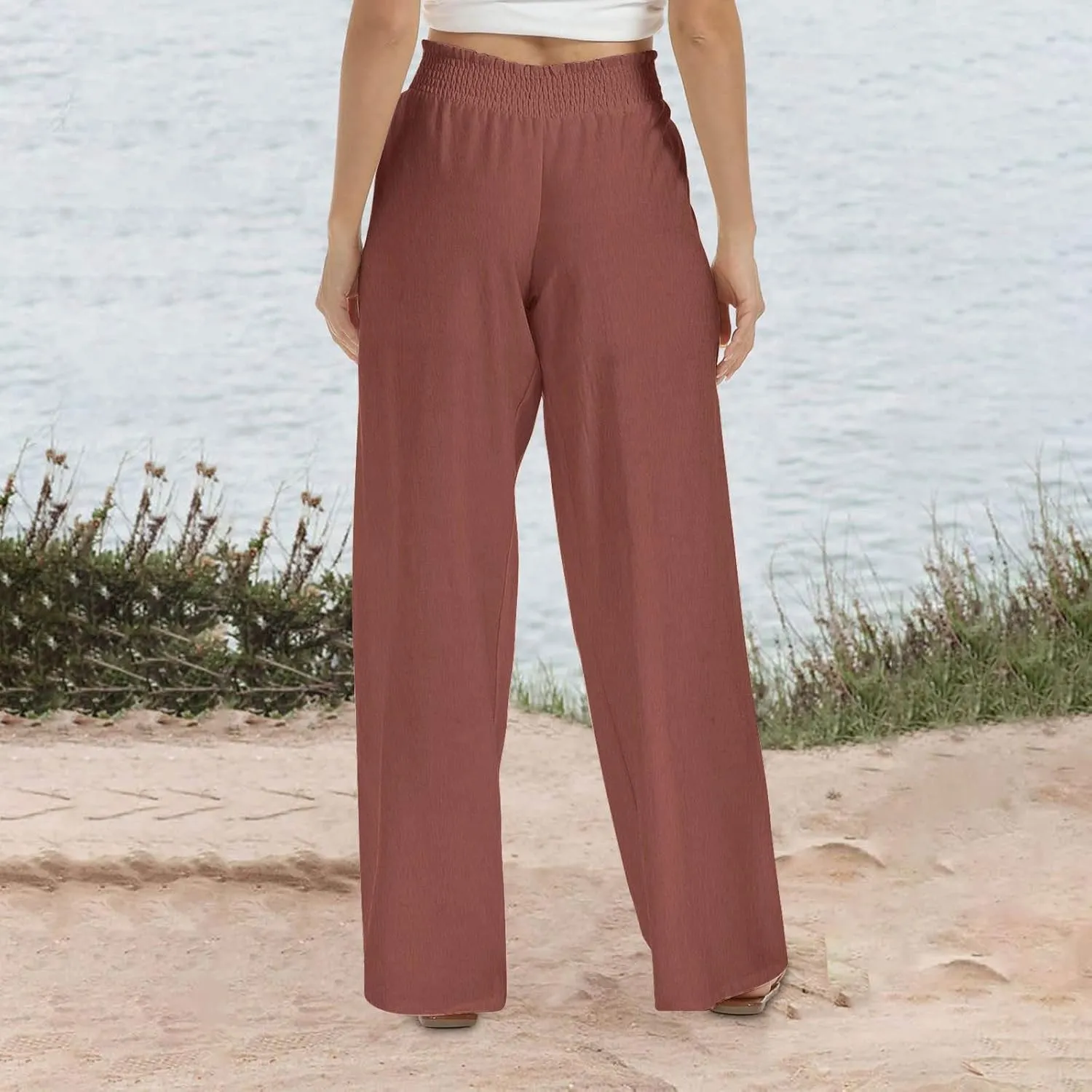 Women Linen Palazzo Pants High Waisted Wide Leg Pants Loose Fit Trousers Pants Wide Waisted Pants Summer Casual Lounge Pants