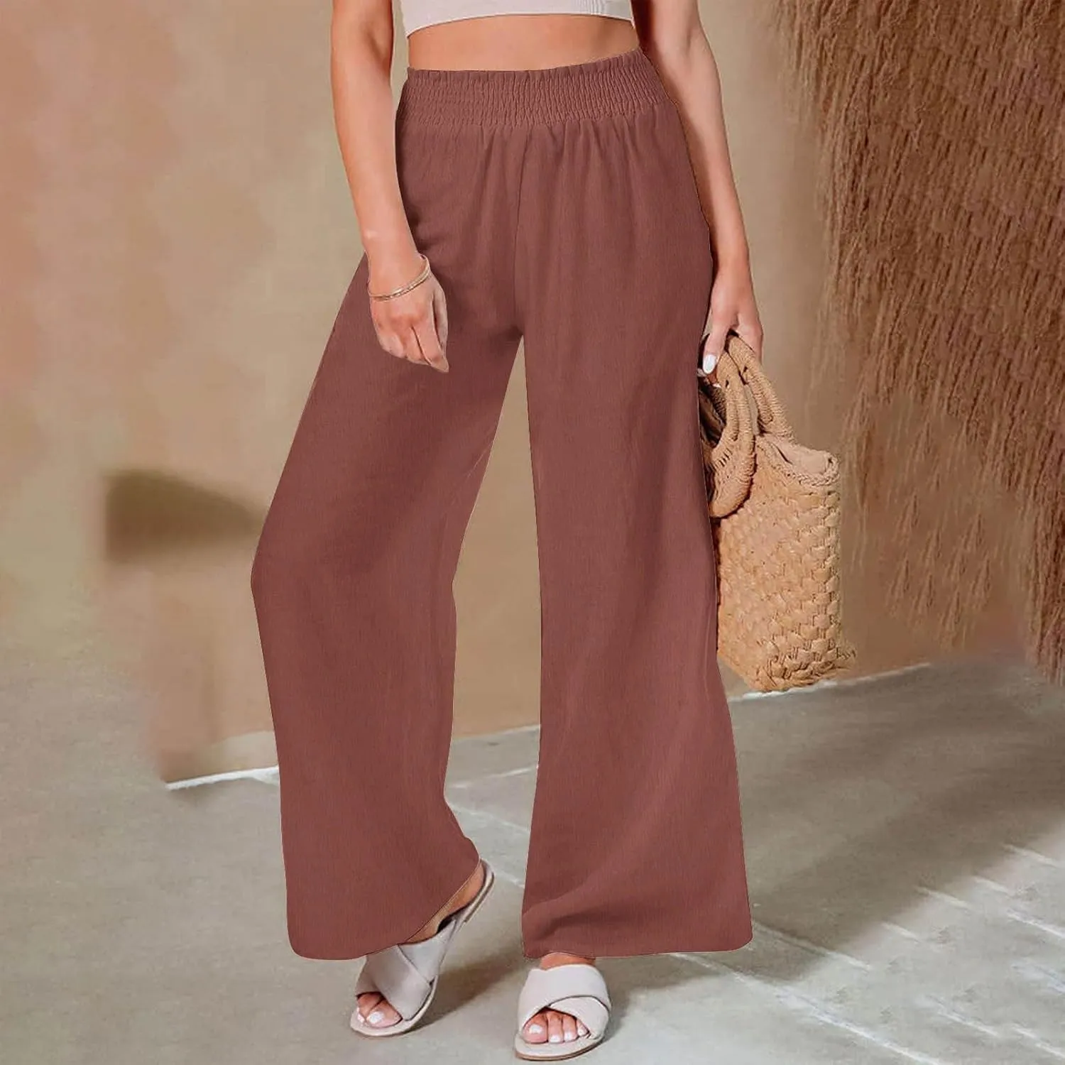 Women Linen Palazzo Pants High Waisted Wide Leg Pants Loose Fit Trousers Pants Wide Waisted Pants Summer Casual Lounge Pants
