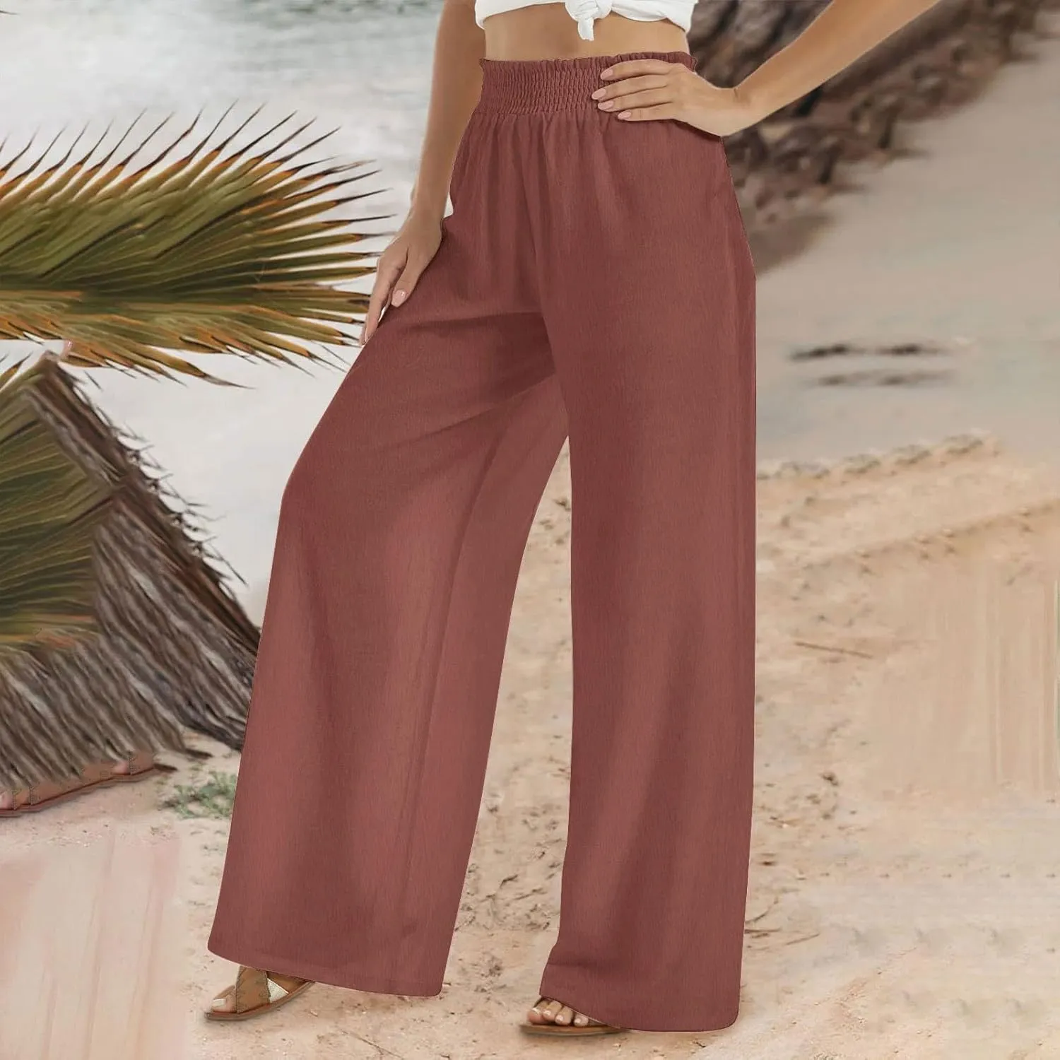 Women Linen Palazzo Pants High Waisted Wide Leg Pants Loose Fit Trousers Pants Wide Waisted Pants Summer Casual Lounge Pants