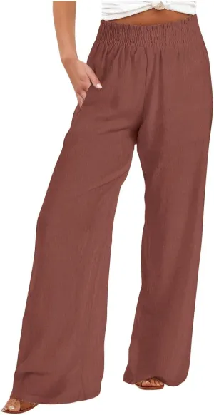 Women Linen Palazzo Pants High Waisted Wide Leg Pants Loose Fit Trousers Pants Wide Waisted Pants Summer Casual Lounge Pants