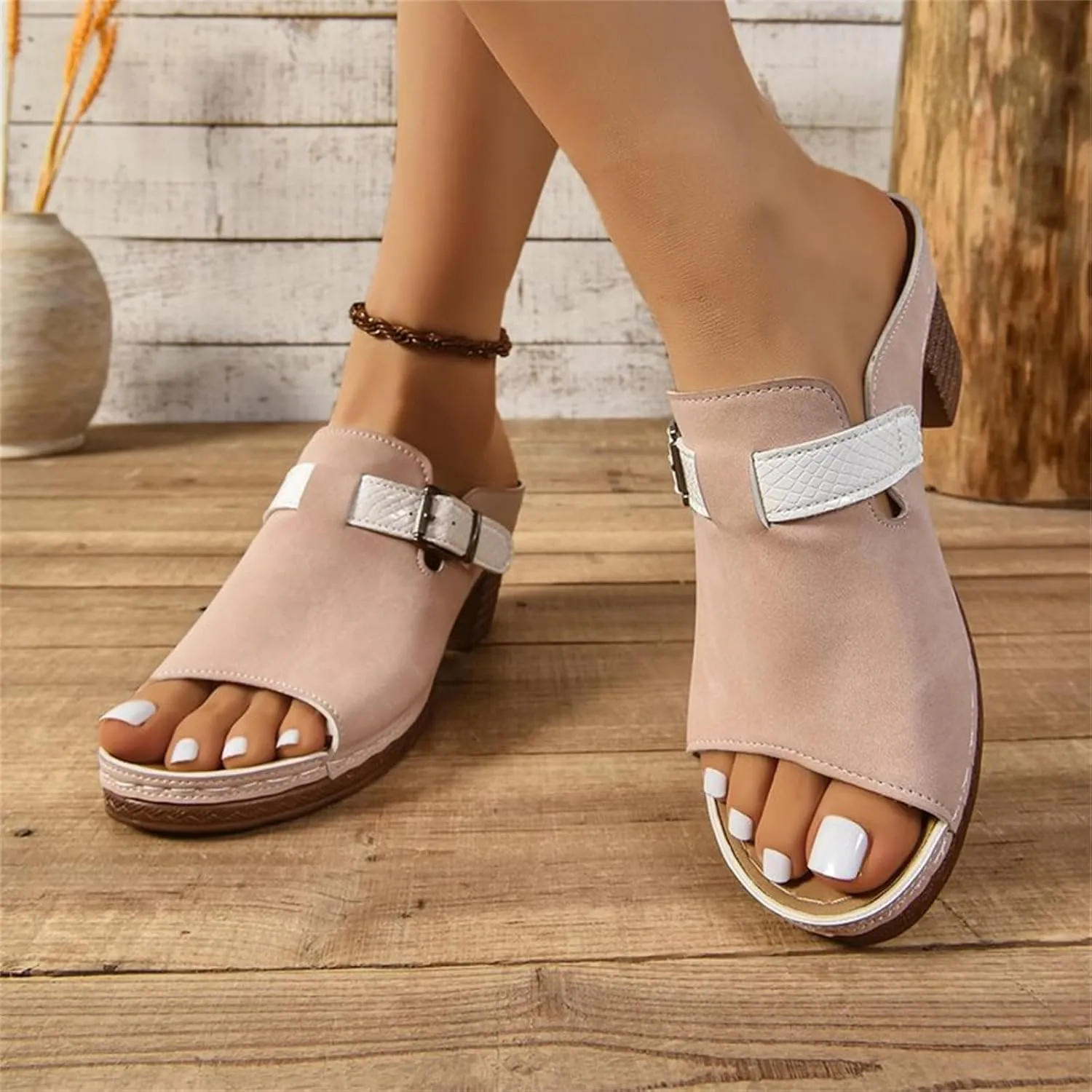 Women Low Chunky Heel Sandals Casual Open Toe Comfortable Dressy Summer Platform Sandal Orthopedic Wedges for Women Arch Support Walking Beach Trendy Slippers Lightweight Outdoor Going Out Slippers