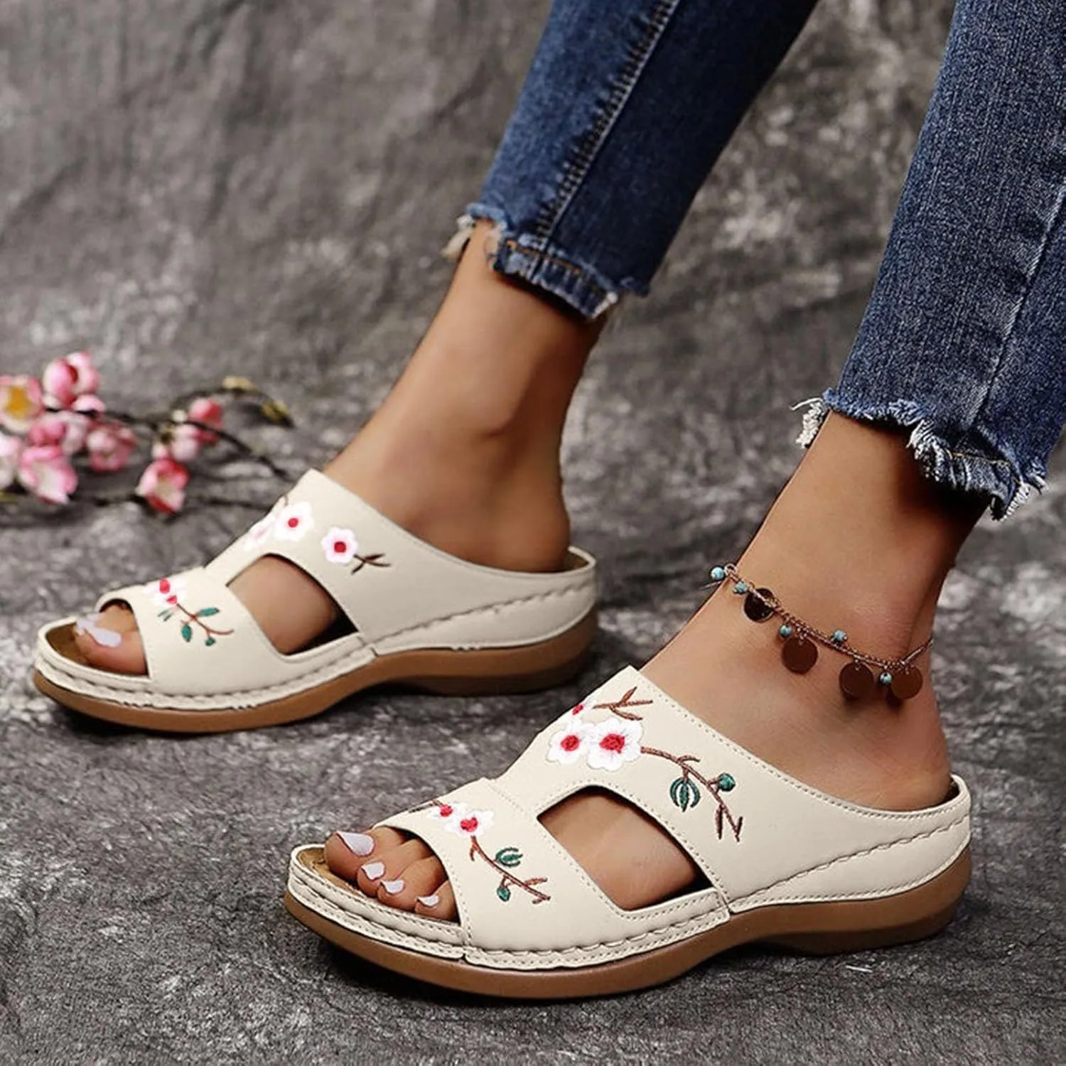 Women Orthopedic Wedge Sandals with Arch Support 2025 Summer Casual Boho Open Toe Flower Wide Width Open Toe Slip On Embroidered Flower Hollow Fish Mouth Beach Walking Slipper