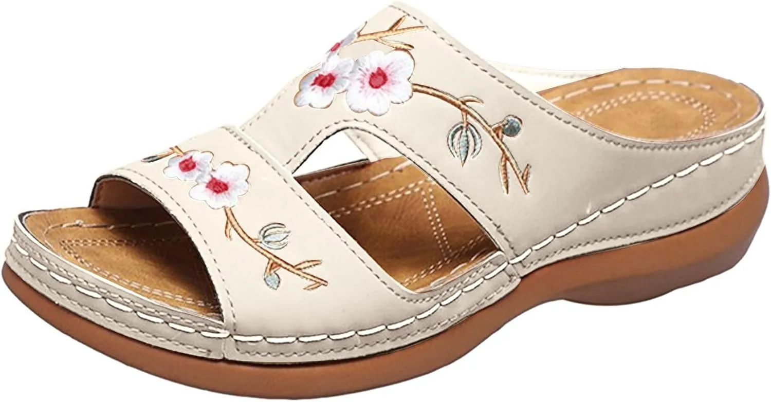 Women Orthopedic Wedge Sandals with Arch Support 2025 Summer Casual Boho Open Toe Flower Wide Width Open Toe Slip On Embroidered Flower Hollow Fish Mouth Beach Walking Slipper