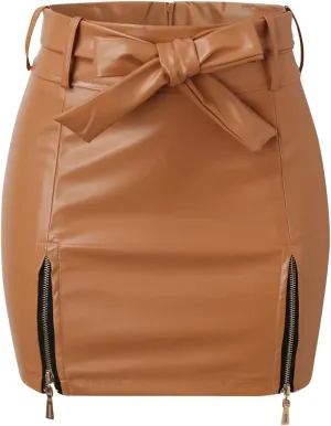 Women PU Leather Mini Skirt High Waist Zipper Side Split Hip Wrap Skirt Solid Color Slim Fit Bodycon Skirt