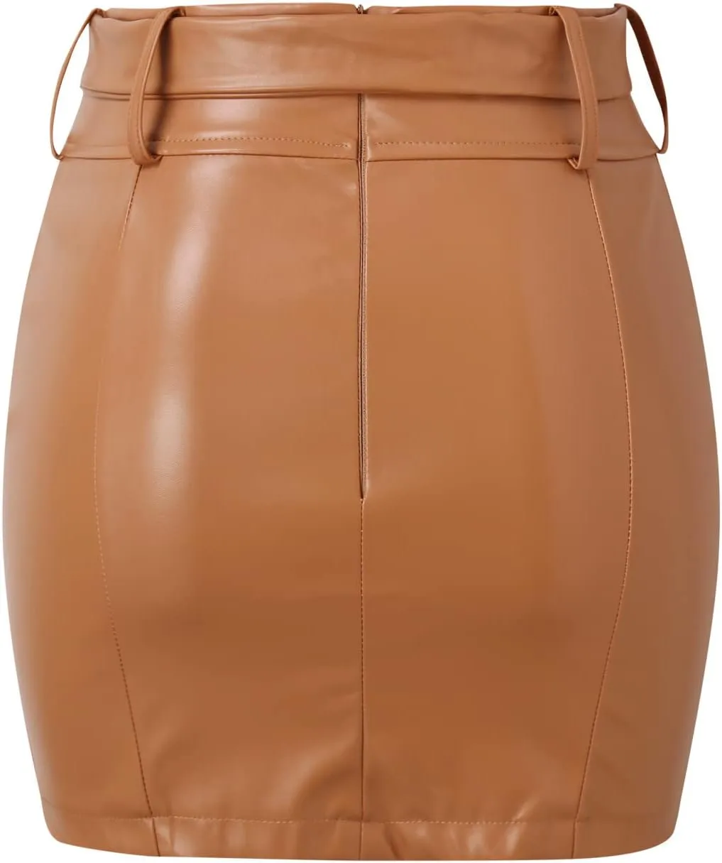 Women PU Leather Mini Skirt High Waist Zipper Side Split Hip Wrap Skirt Solid Color Slim Fit Bodycon Skirt