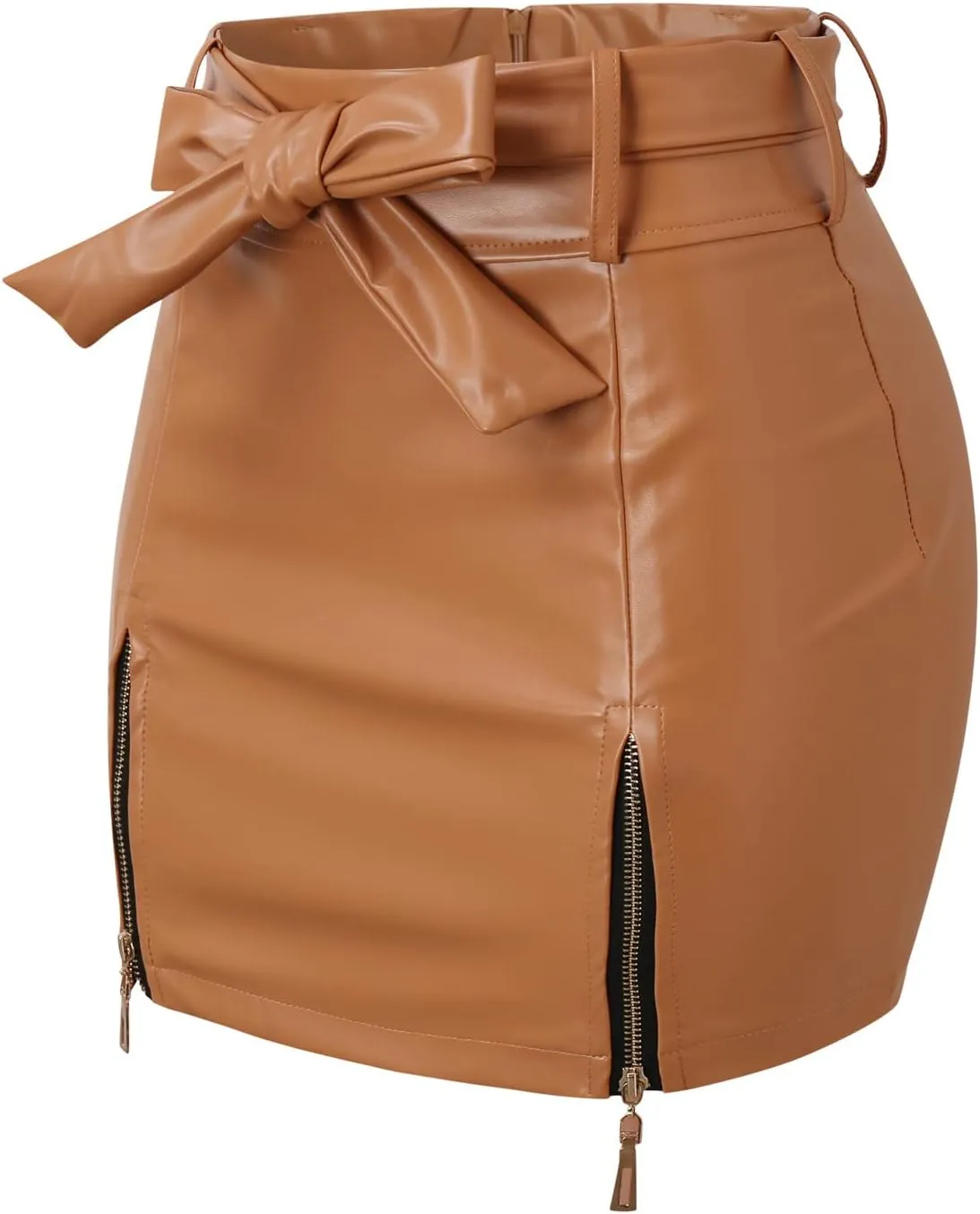 Women PU Leather Mini Skirt High Waist Zipper Side Split Hip Wrap Skirt Solid Color Slim Fit Bodycon Skirt