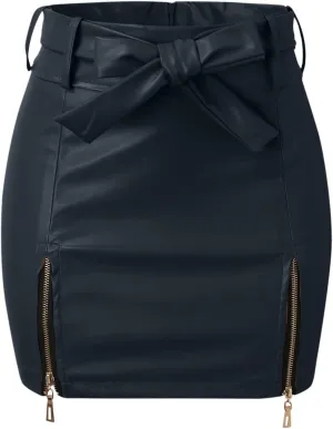 Women PU Leather Mini Skirt High Waist Zipper Side Split Hip Wrap Skirt Solid Color Slim Fit Bodycon Skirt