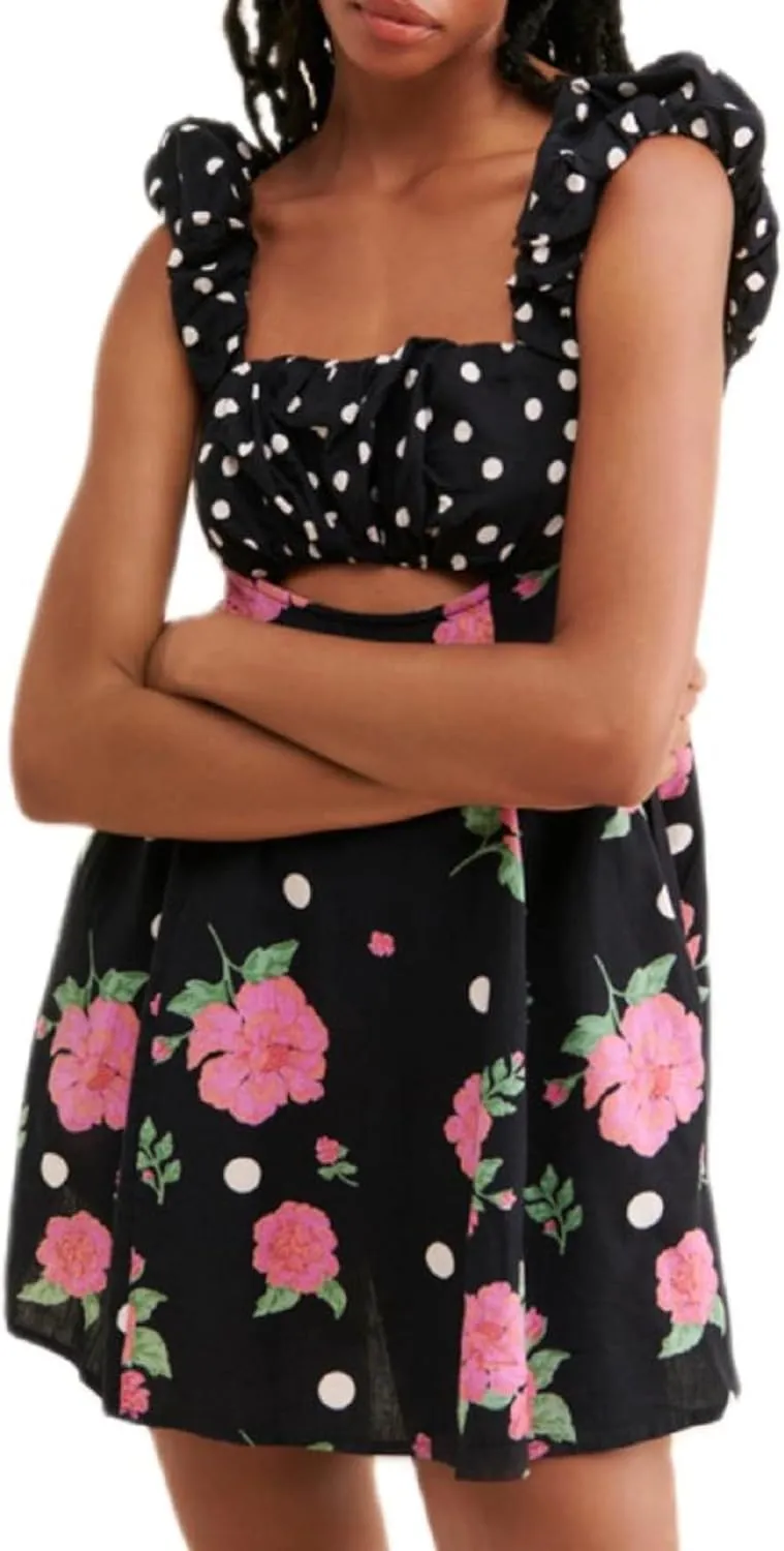 Women Ruffle Hem Floral Babydoll Dress Boho Flowy Tie Mini Dress Y2K Cute Print Short A Line Beach Sundress Streetwear