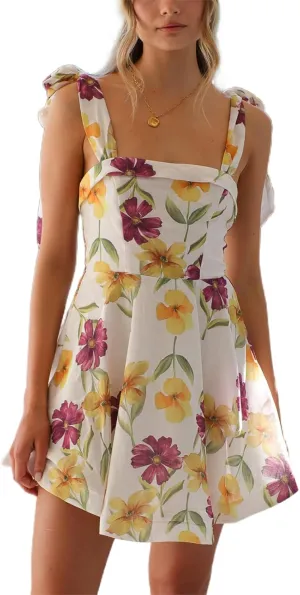 Women Ruffle Hem Floral Babydoll Dress Boho Flowy Tie Mini Dress Y2K Cute Print Short A Line Beach Sundress Streetwear