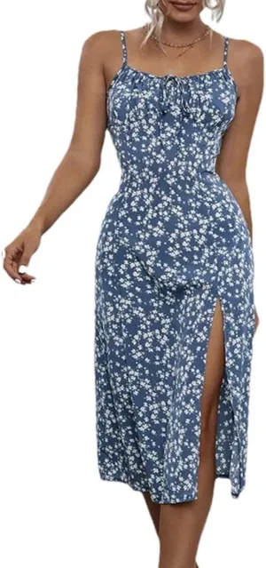 Women Sexy Floral Print Spaghetti Strap Sleeveless Mini Dress High Slit Sheath Club Party Dress
