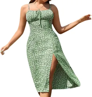 Women Sexy Floral Print Spaghetti Strap Sleeveless Mini Dress High Slit Sheath Club Party Dress