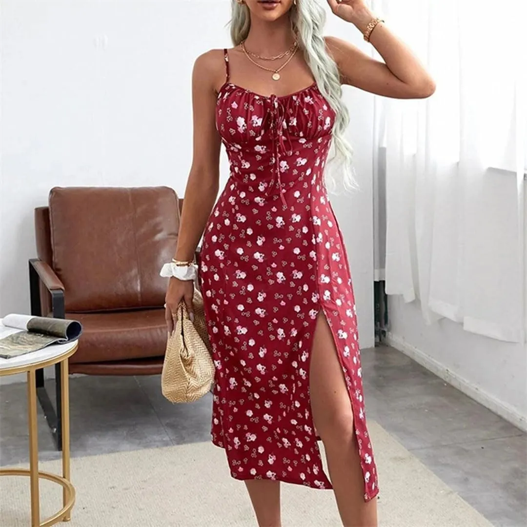Women Sexy Floral Print Spaghetti Strap Sleeveless Mini Dress High Slit Sheath Club Party Dress