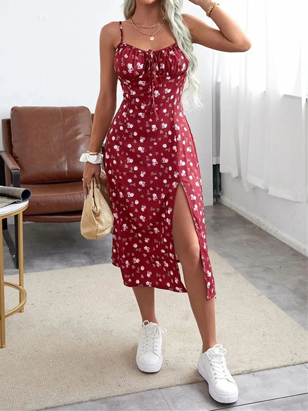 Women Sexy Floral Print Spaghetti Strap Sleeveless Mini Dress High Slit Sheath Club Party Dress