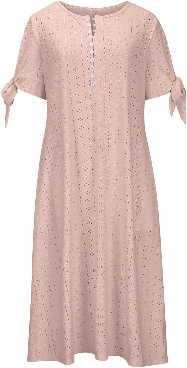 Women Short Sleeve Beach Midi Dresses Lightweight Eyelet Sundress Comfortable Trendy Clothes with Pockets