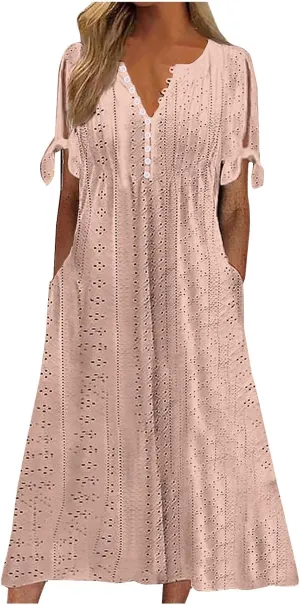 Women Short Sleeve Beach Midi Dresses Lightweight Eyelet Sundress Comfortable Trendy Clothes with Pockets