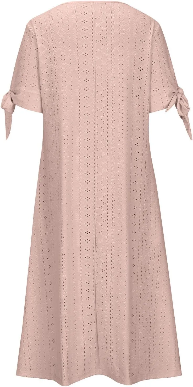 Women Short Sleeve Beach Midi Dresses Lightweight Eyelet Sundress Comfortable Trendy Clothes with Pockets