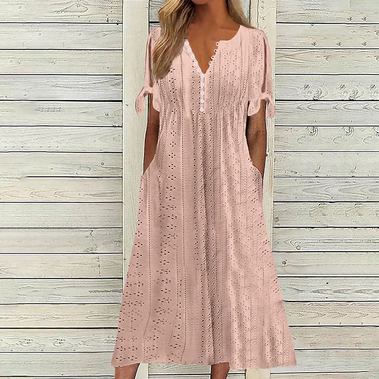Women Short Sleeve Beach Midi Dresses Lightweight Eyelet Sundress Comfortable Trendy Clothes with Pockets
