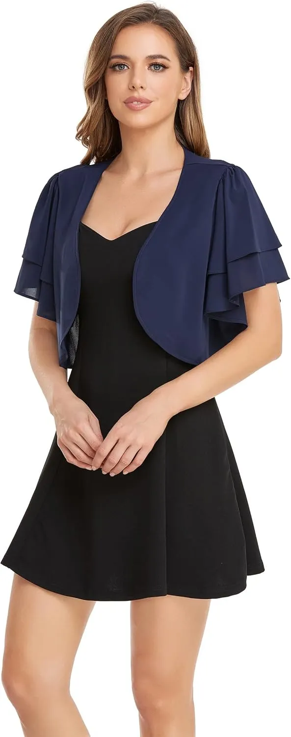 Women Short Sleeve Shrug Cropped Bolero Open Front Chiffon Cardigan for Evening Dress