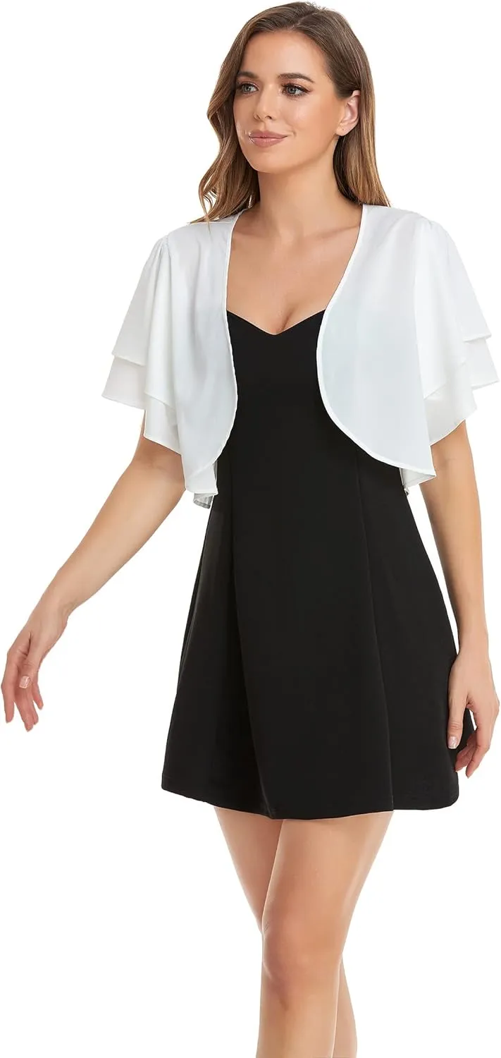 Women Short Sleeve Shrug Cropped Bolero Open Front Chiffon Cardigan for Evening Dress