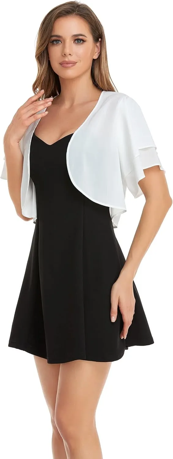Women Short Sleeve Shrug Cropped Bolero Open Front Chiffon Cardigan for Evening Dress
