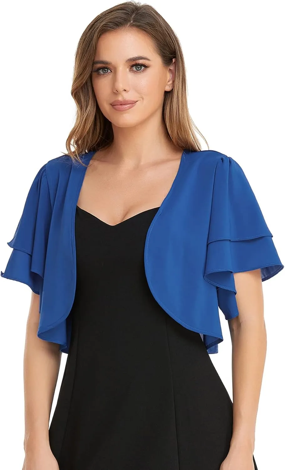 Women Short Sleeve Shrug Cropped Bolero Open Front Chiffon Cardigan for Evening Dress