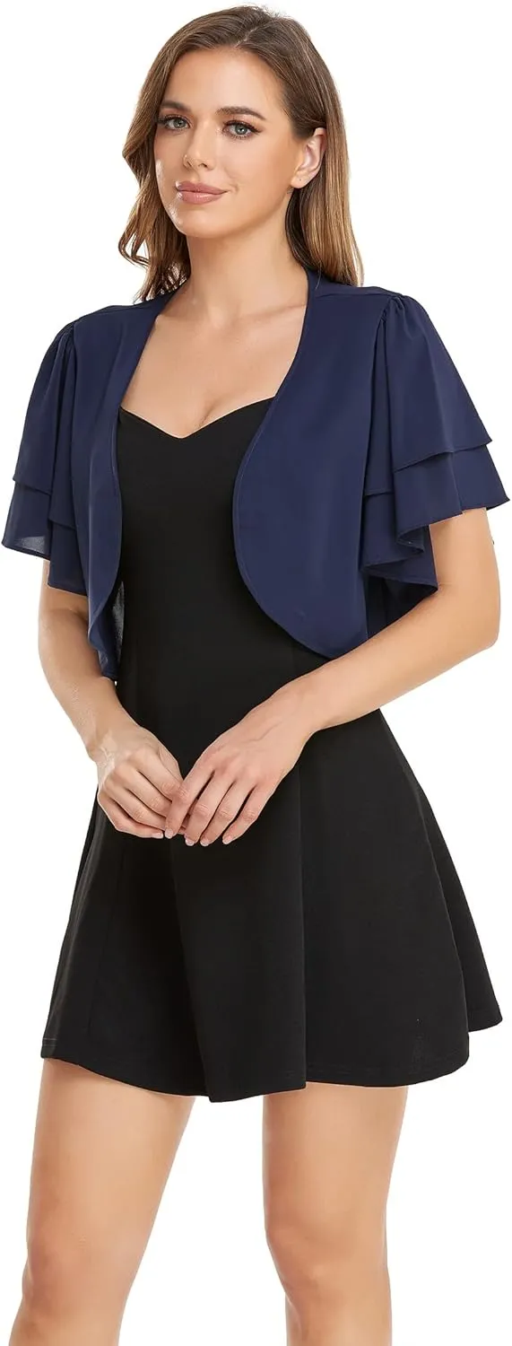 Women Short Sleeve Shrug Cropped Bolero Open Front Chiffon Cardigan for Evening Dress