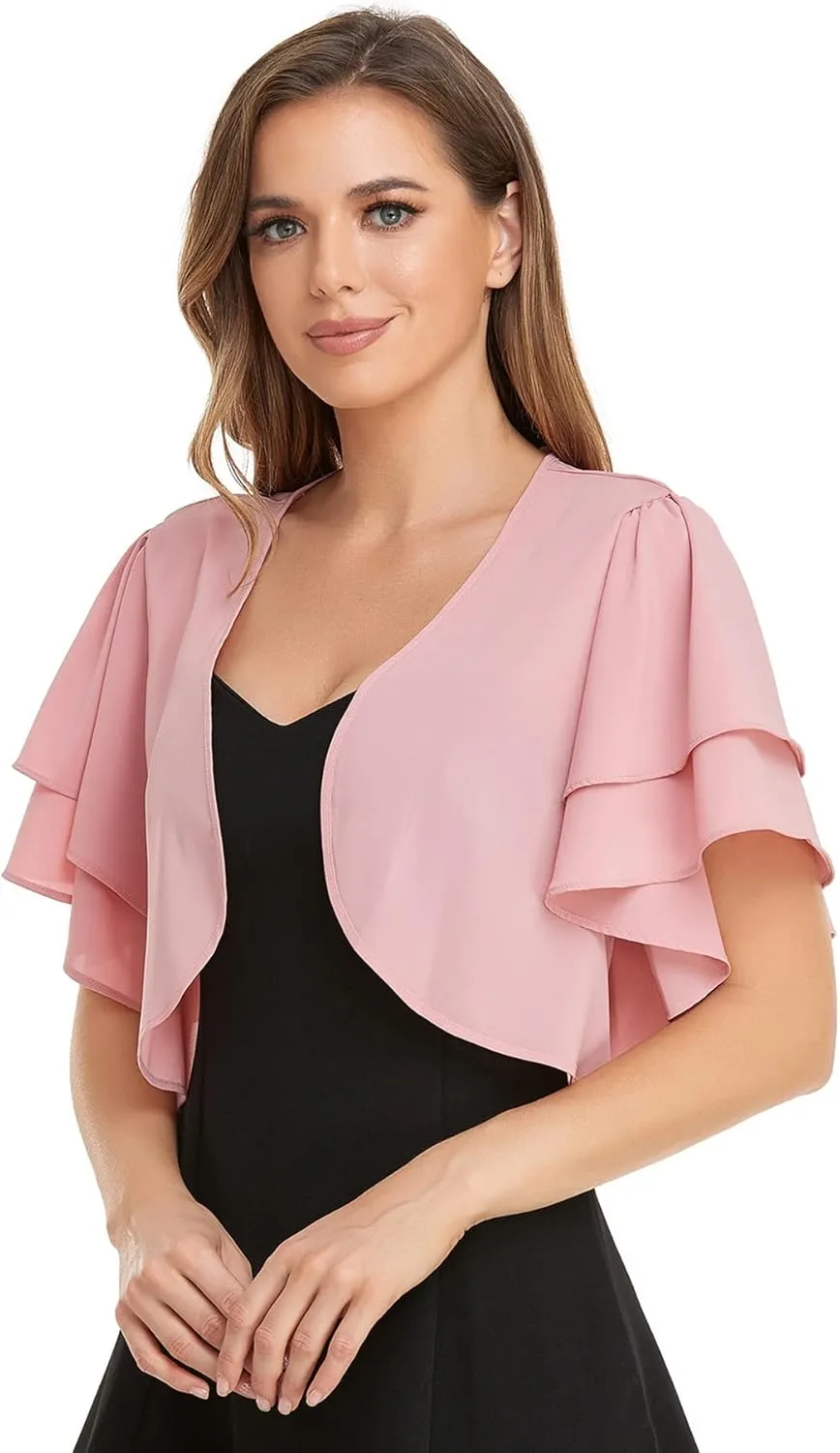 Women Short Sleeve Shrug Cropped Bolero Open Front Chiffon Cardigan for Evening Dress