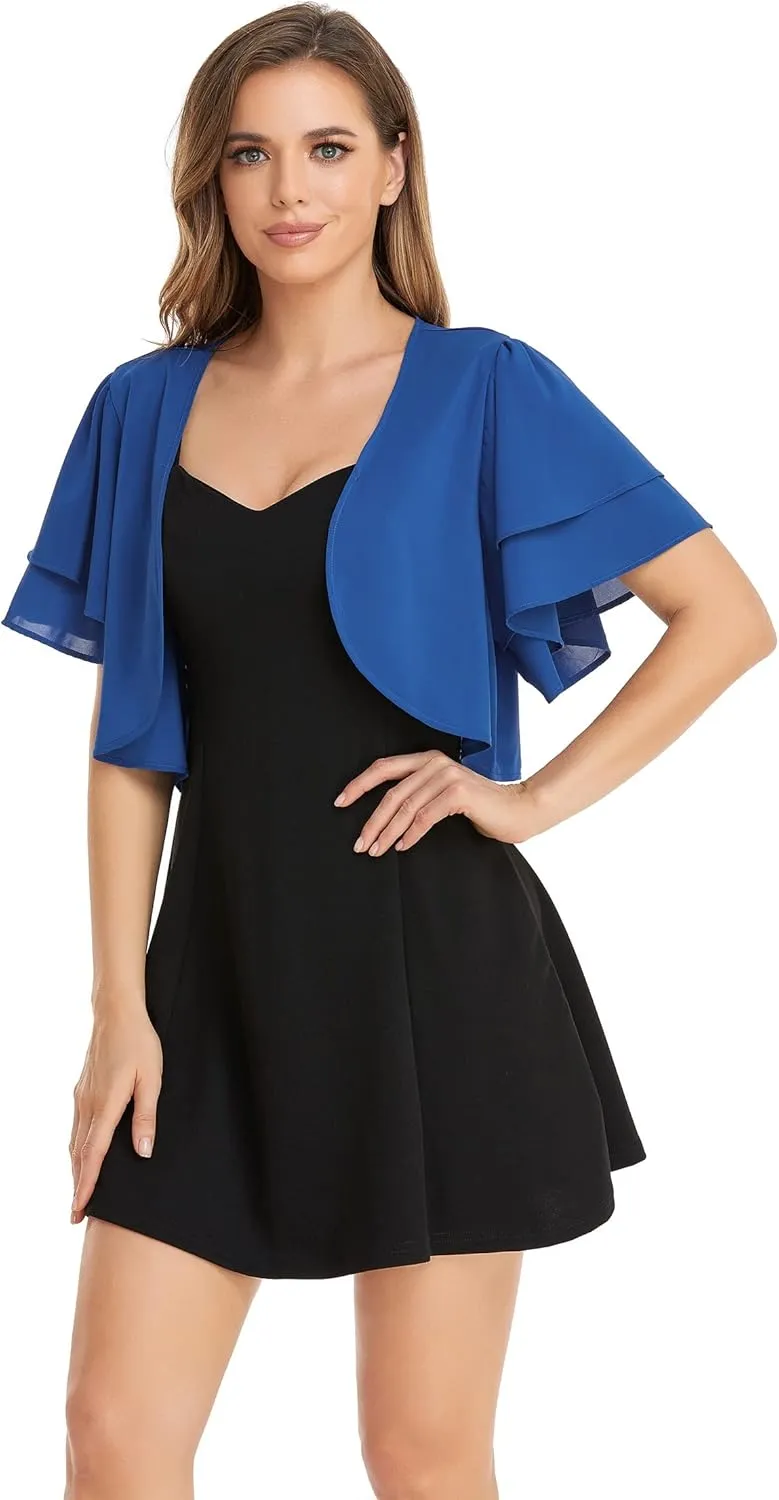 Women Short Sleeve Shrug Cropped Bolero Open Front Chiffon Cardigan for Evening Dress