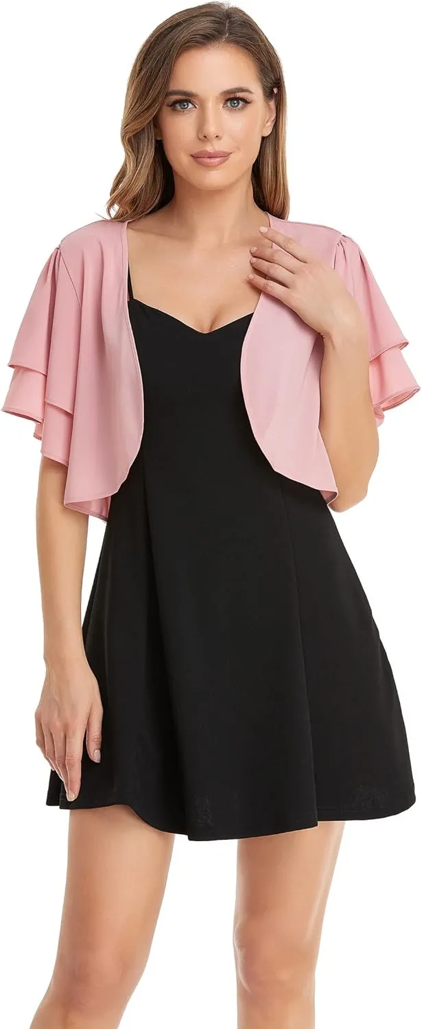 Women Short Sleeve Shrug Cropped Bolero Open Front Chiffon Cardigan for Evening Dress