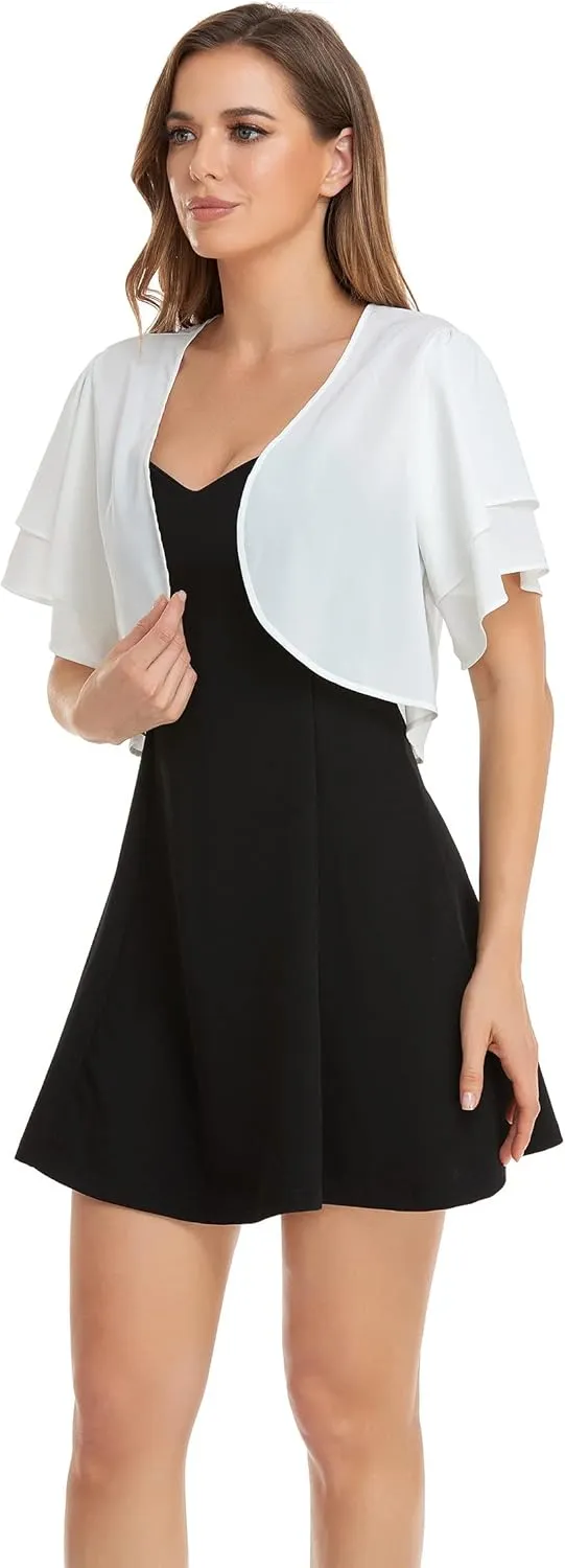 Women Short Sleeve Shrug Cropped Bolero Open Front Chiffon Cardigan for Evening Dress