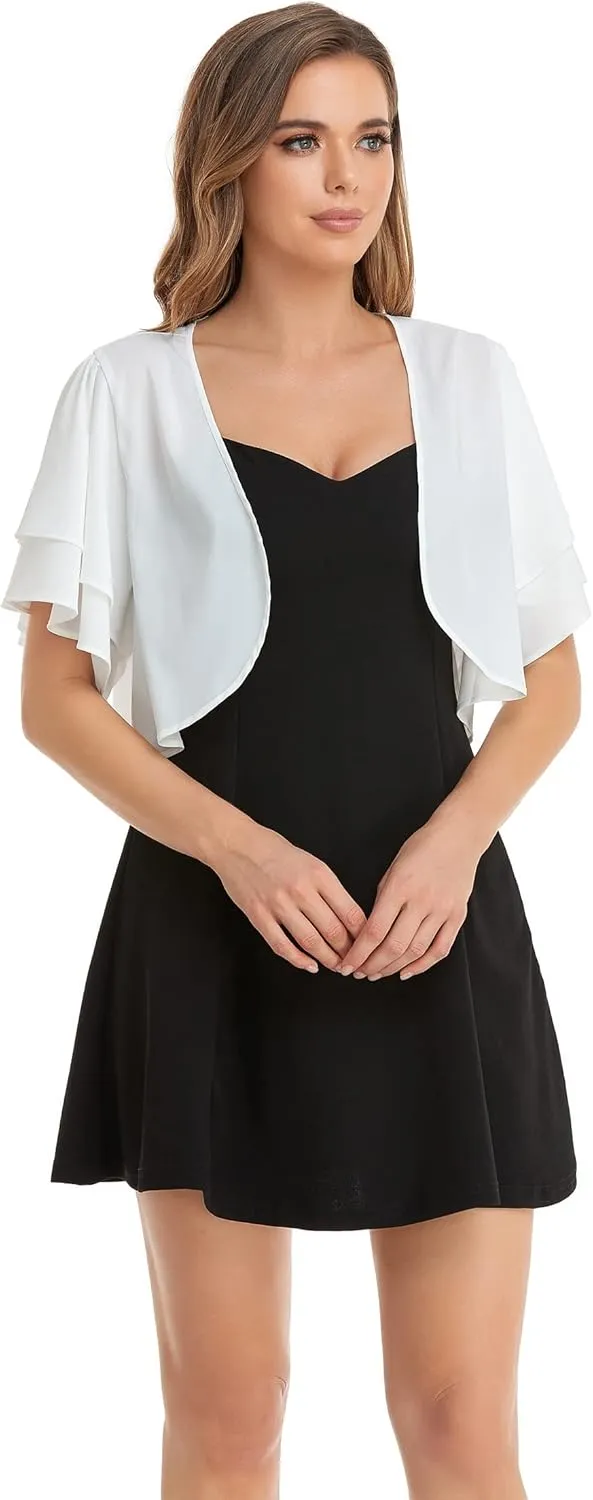 Women Short Sleeve Shrug Cropped Bolero Open Front Chiffon Cardigan for Evening Dress