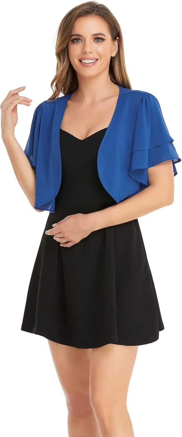 Women Short Sleeve Shrug Cropped Bolero Open Front Chiffon Cardigan for Evening Dress