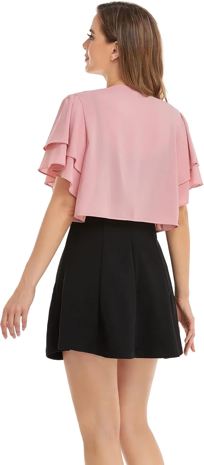 Women Short Sleeve Shrug Cropped Bolero Open Front Chiffon Cardigan for Evening Dress
