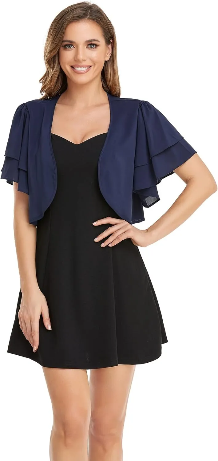 Women Short Sleeve Shrug Cropped Bolero Open Front Chiffon Cardigan for Evening Dress