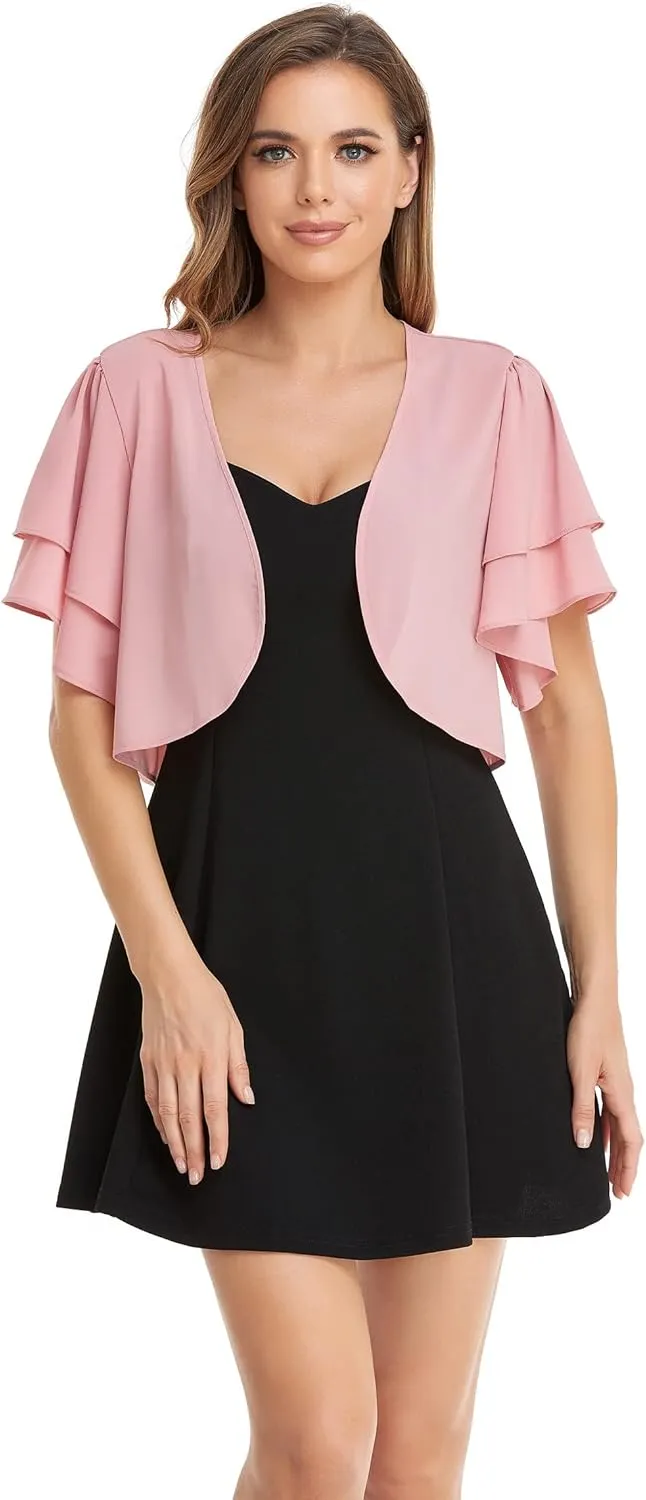 Women Short Sleeve Shrug Cropped Bolero Open Front Chiffon Cardigan for Evening Dress