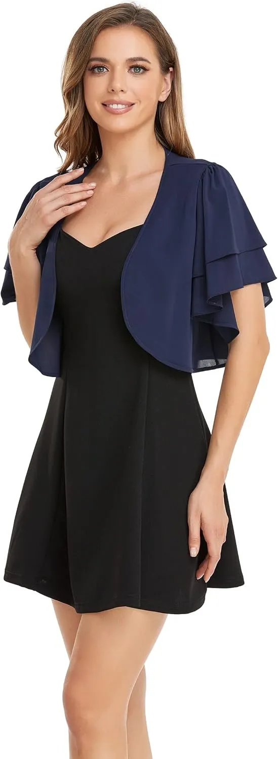 Women Short Sleeve Shrug Cropped Bolero Open Front Chiffon Cardigan for Evening Dress