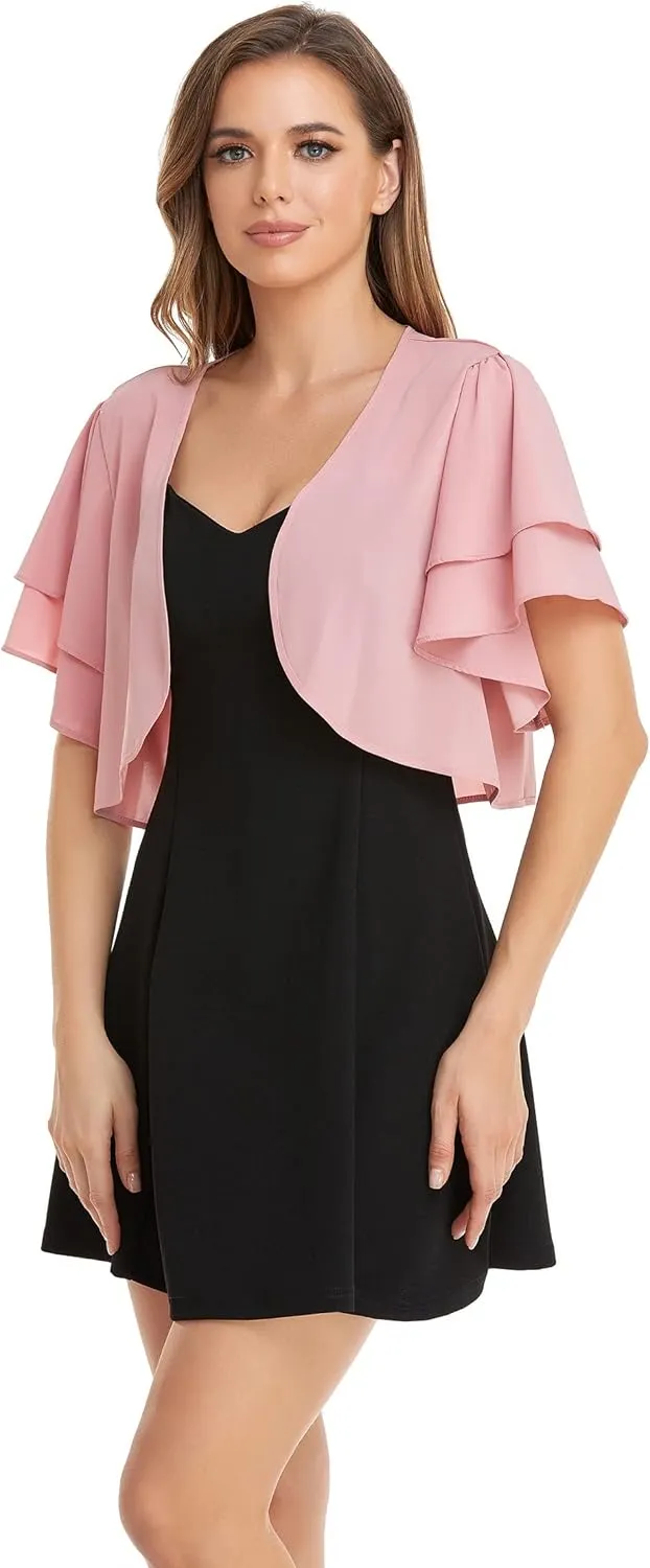 Women Short Sleeve Shrug Cropped Bolero Open Front Chiffon Cardigan for Evening Dress